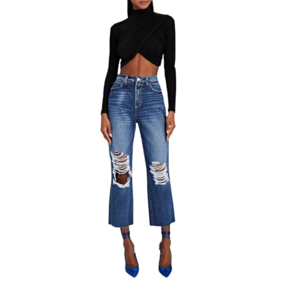 L'AGENCE Adele Distressed Boyfriend Straight Leg Ankle Jeans, Blue Denim
